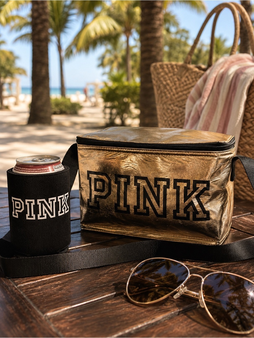 New Victoria’s Secret PINK Gold Zip Travel Case & Matching Drink Holder Logo Set
